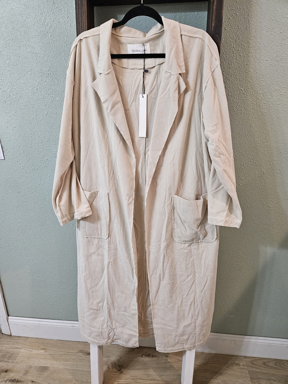 NWT Mustard Seed Beige Corduroy Longline Duster Jacket Size Large